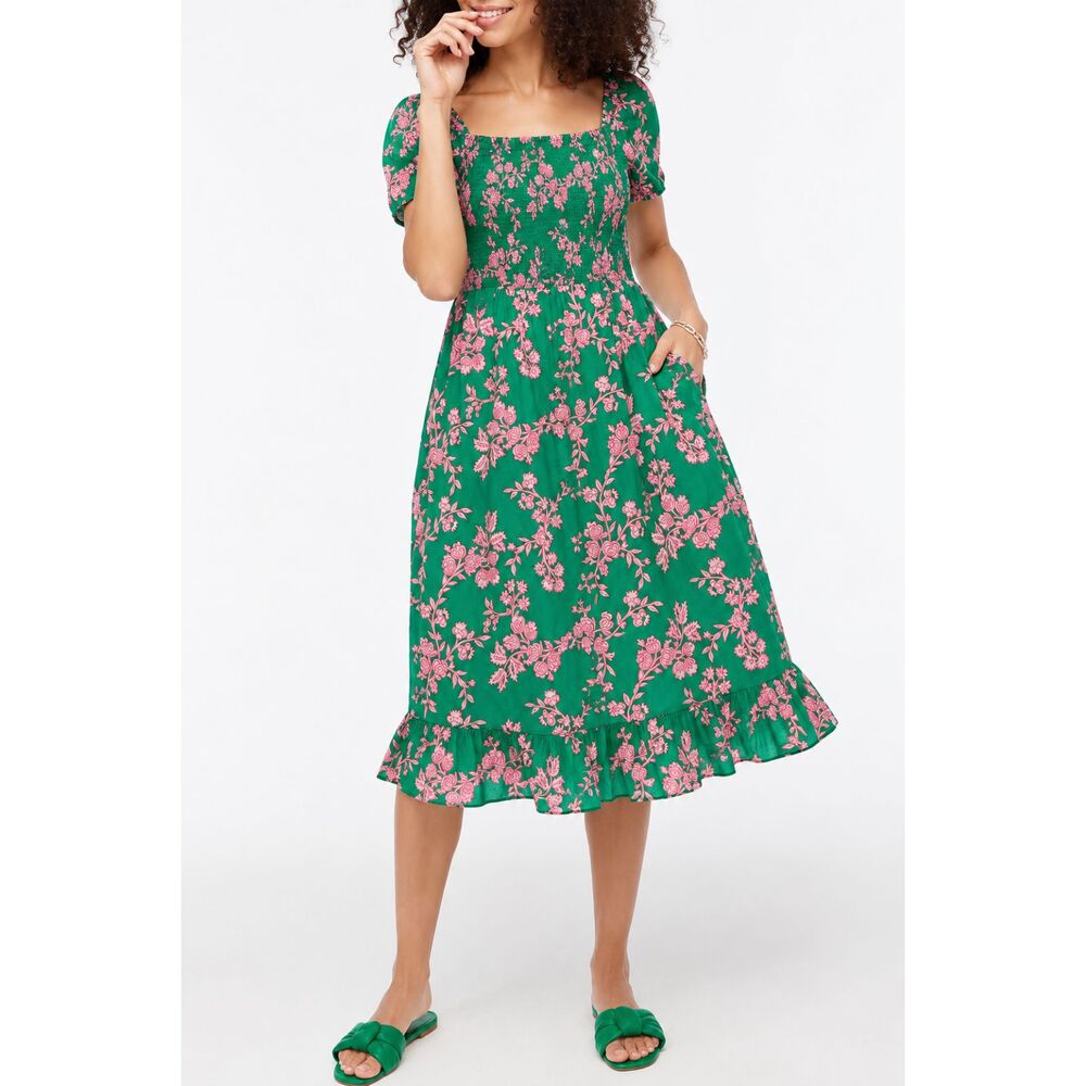 J. Crew Puff-Sleeve Smocked Midi Dress in Green Floral